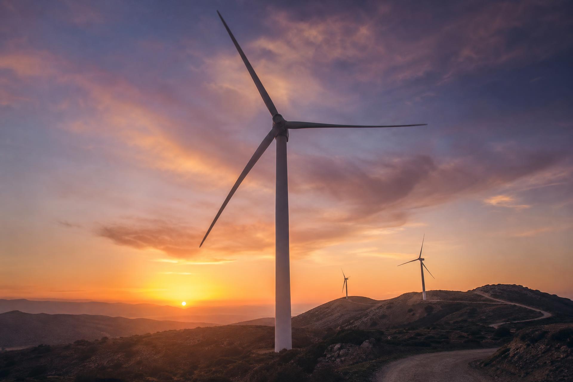 Oreites wind turbines at Cyprus golden hour