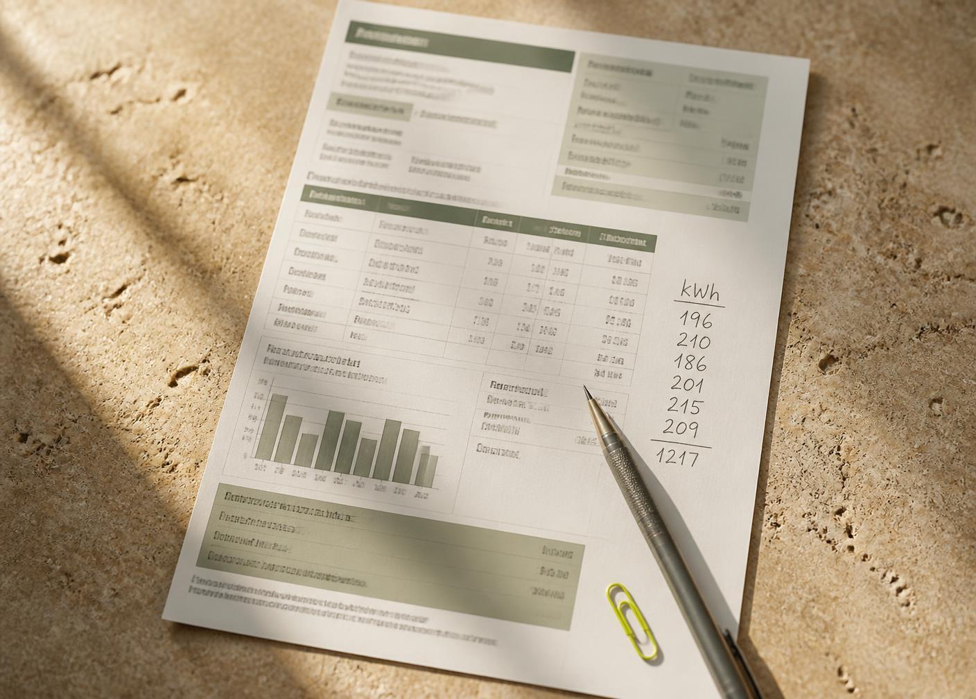 An electricity bill annotated by hand with monthly kWh readings