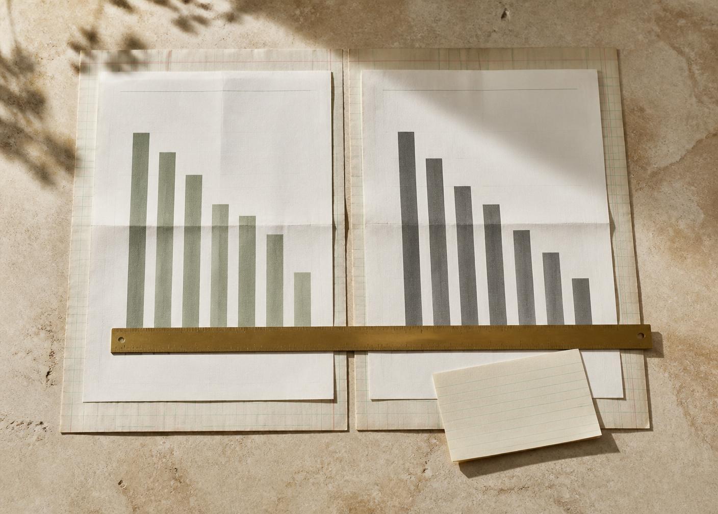 Two printed bar charts laid side by side for comparison