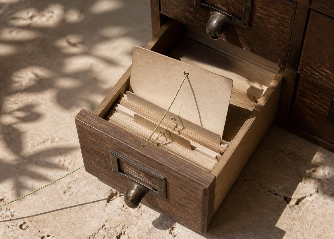 An open card-index drawer with records linked by a single thread